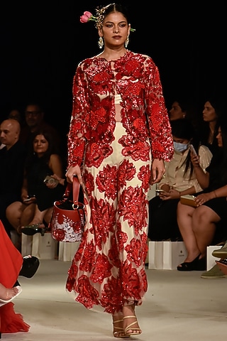 Red Embroidered Jacket Set by Varun Bahl