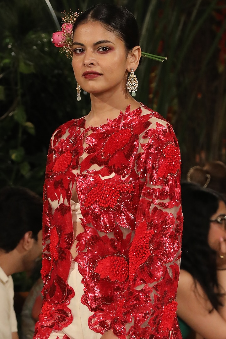 Red Embroidered Jacket Set by Varun Bahl at Pernia's Pop Up Shop