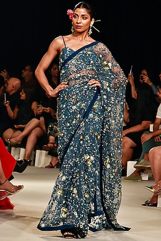 Midnight Blue Embellished Saree Set by Varun Bahl