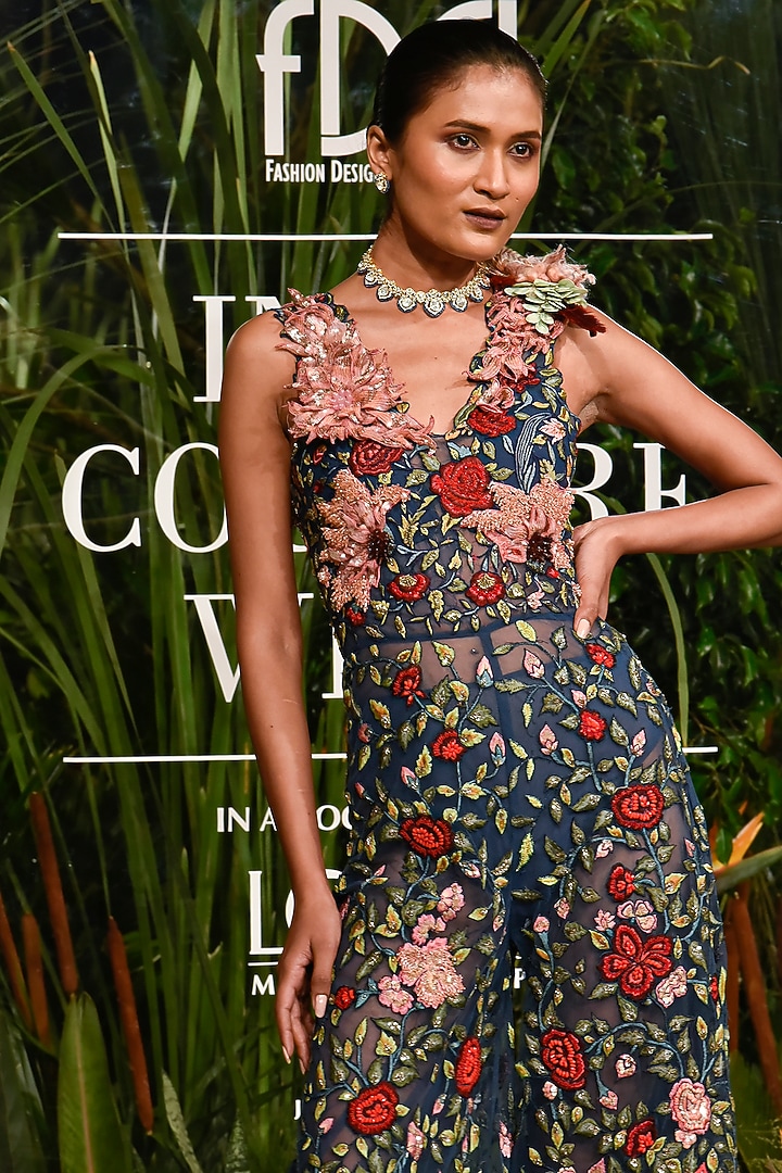 Navy Blue Embroidered Jumpsuit by Varun Bahl at Pernia's Pop Up Shop