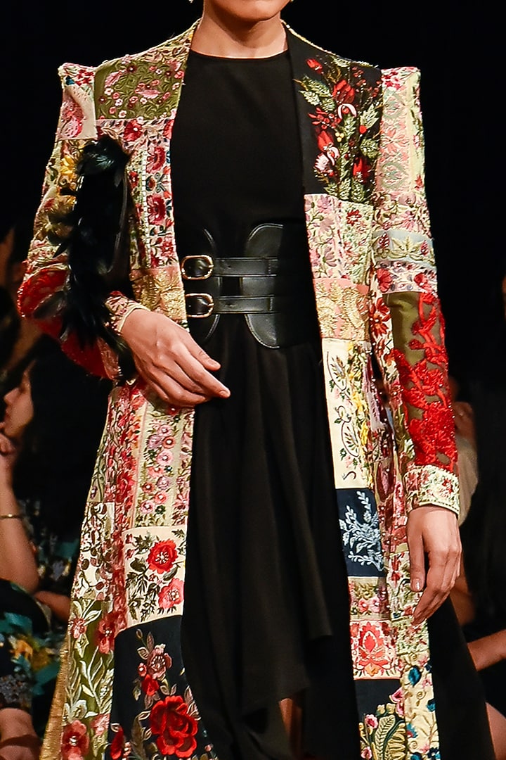 Multi-Colored Silk & Velvet Embroidered Jacket Party Wear Dress
 by Varun Bahl at Pernia's Pop Up Shop