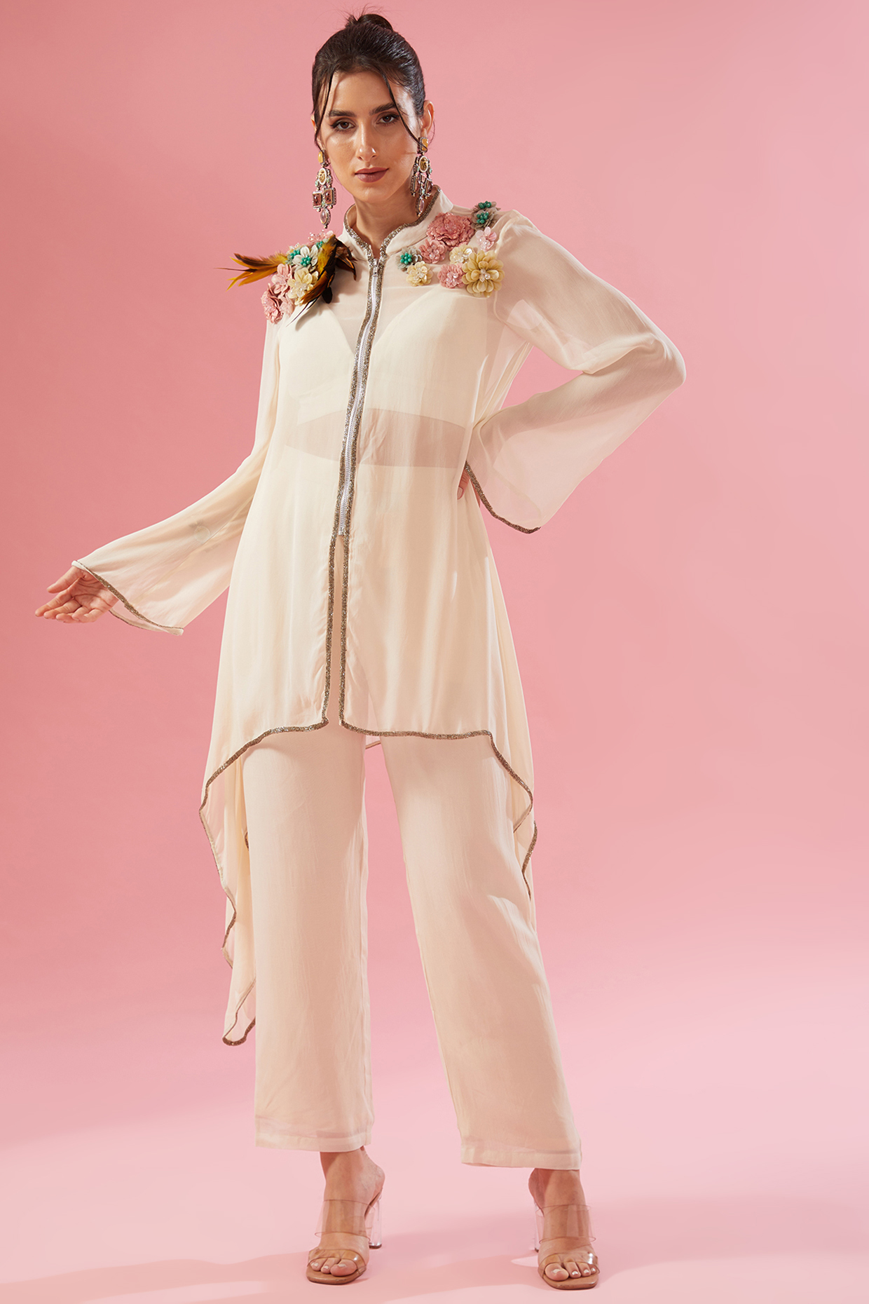Ivory Viscose Georgette Zipper Tunic Set by Varun Bahl at Pernia's Pop Up Shop