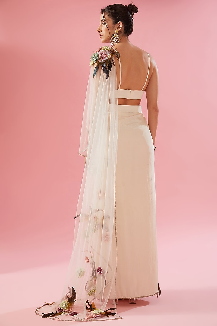 Ivory Viscose Crepe Pre-Stitched Reception Saree Set by Varun Bahl at Pernia's Pop Up Shop