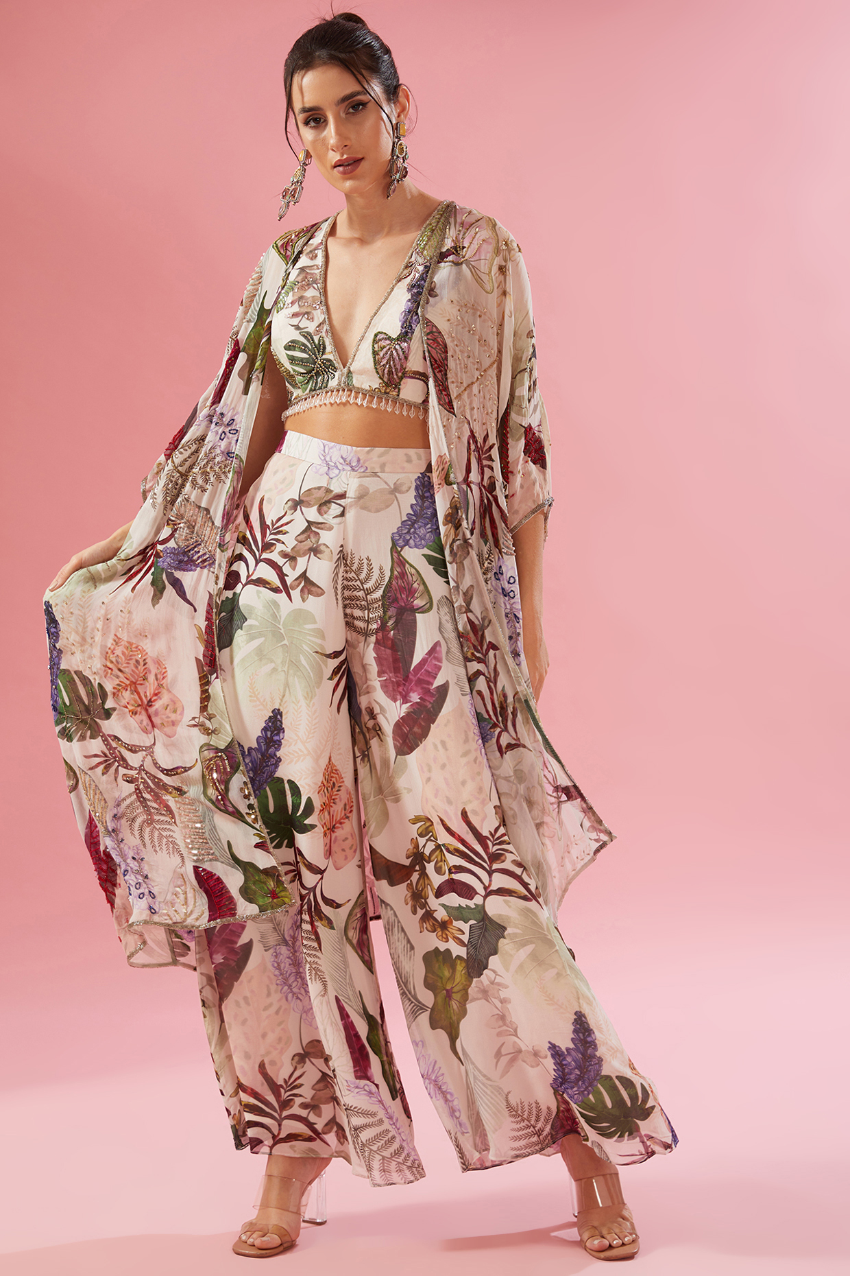 Ivory Viscose Georgette Digital Printed & Sequins Embroidered Kaftan Cape Set by Varun Bahl at Pernia's Pop Up Shop