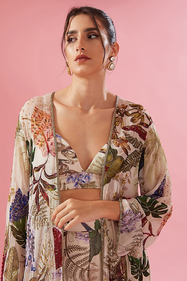 White Viscose Georgette Digital Printed & Sequins Embroidered Cape Set by Varun Bahl at Pernia's Pop Up Shop