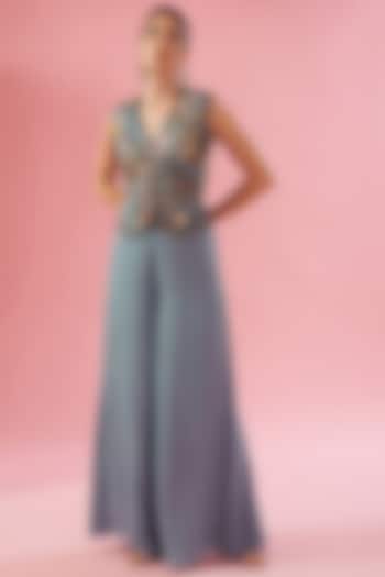 Teal Blue Viscose Georgette Trousers Set by Varun Bahl