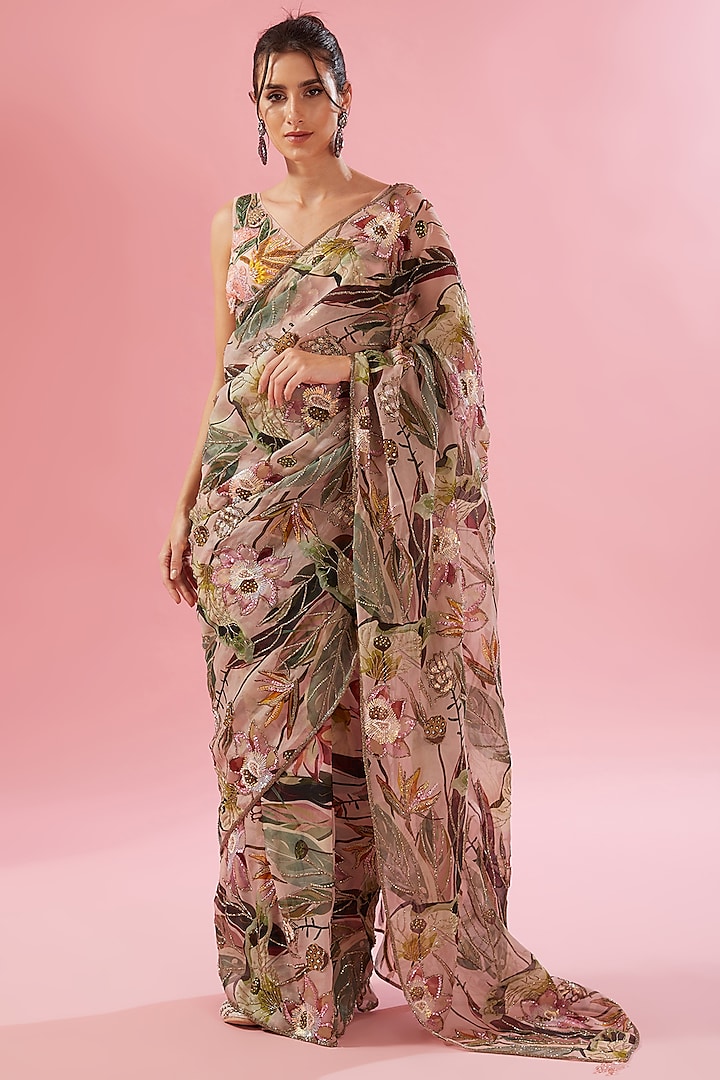 Pink Organza Digital Printed & Sequins Embroidered Stitched Saree Set by Varun Bahl