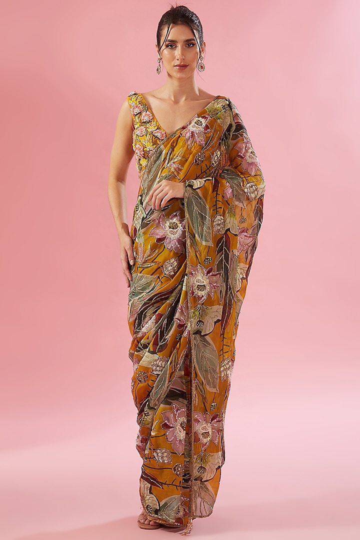 Mustard Organza Digital Printed & Sequins Embroidered Stitched Saree Set by Varun Bahl