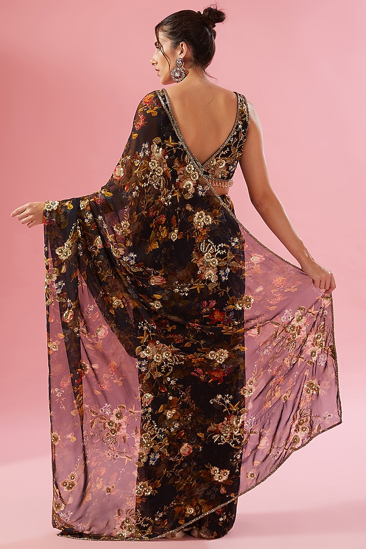 Black Georgette Pre-Stitched Reception Saree Set by Varun Bahl at Pernia's Pop Up Shop