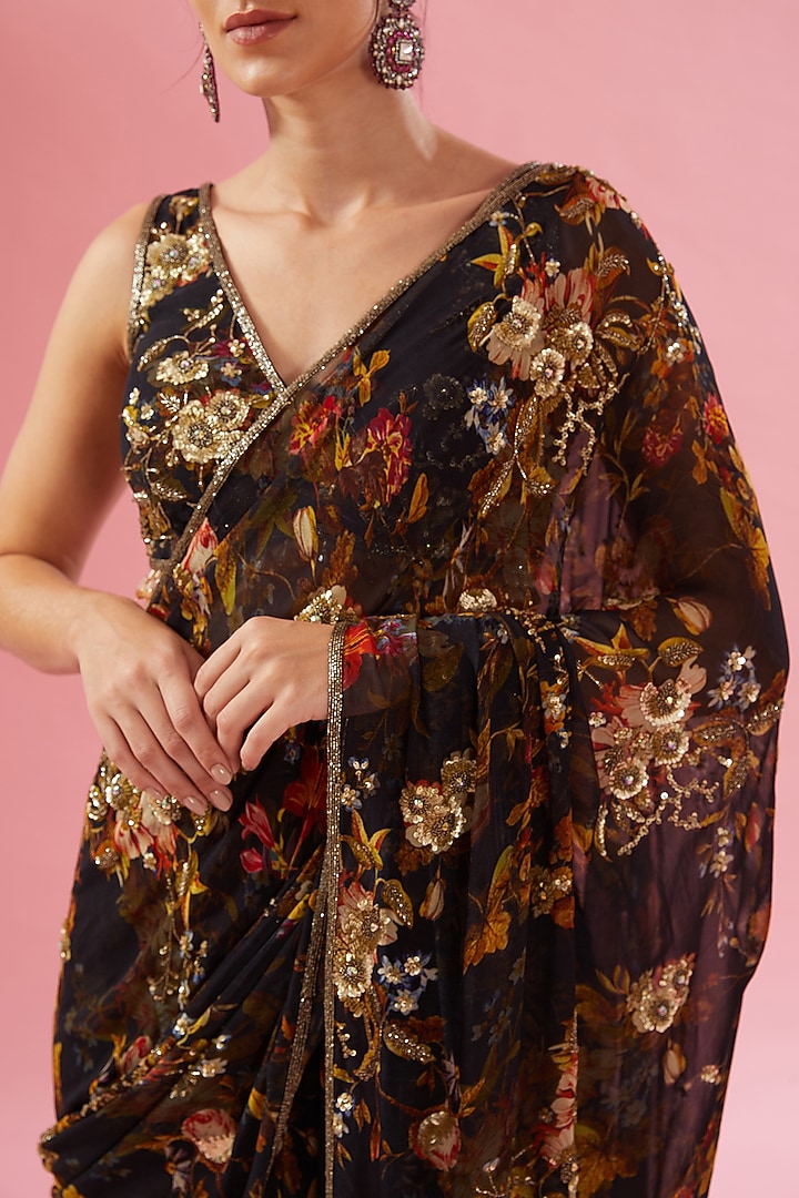 Black Georgette Pre-Stitched Reception Saree Set by Varun Bahl at Pernia's Pop Up Shop