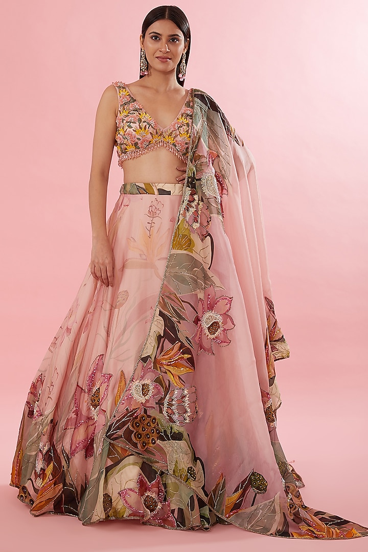 Pink Organza Floral Digital Printed & Machine Embroidered Bridal Lehenga Set by Varun Bahl at Pernia's Pop Up Shop