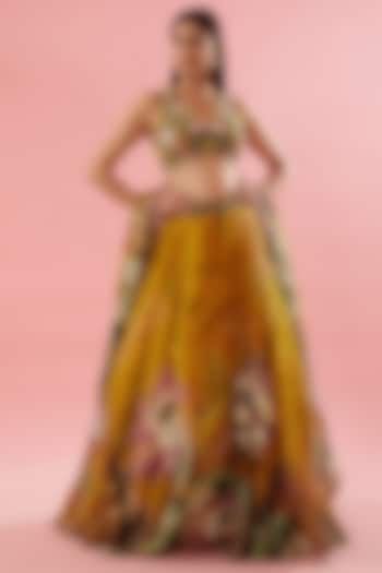 Mustard Viscose Organza Floral Digital Printed & Machine Embroidered Bridal Lehenga Set by Varun Bahl at Pernia's Pop Up Shop