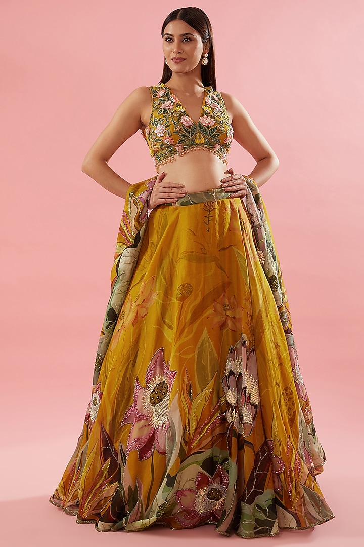 Mustard Viscose Organza Floral Digital Printed & Machine Embroidered Bridal Lehenga Set by Varun Bahl at Pernia's Pop Up Shop