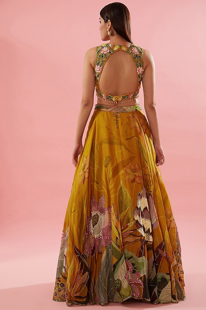 Mustard Viscose Organza Floral Digital Printed & Machine Embroidered Bridal Lehenga Set by Varun Bahl at Pernia's Pop Up Shop