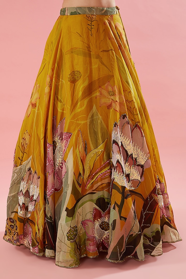 Mustard Viscose Organza Floral Digital Printed & Machine Embroidered Bridal Lehenga Set by Varun Bahl at Pernia's Pop Up Shop