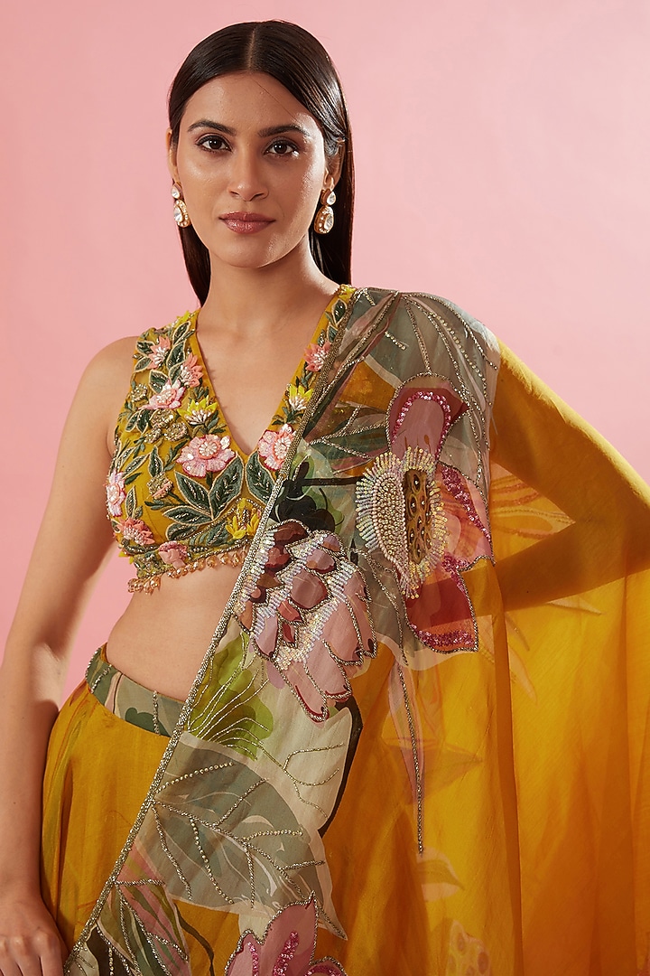 Mustard Viscose Organza Floral Digital Printed & Machine Embroidered Bridal Lehenga Set by Varun Bahl at Pernia's Pop Up Shop