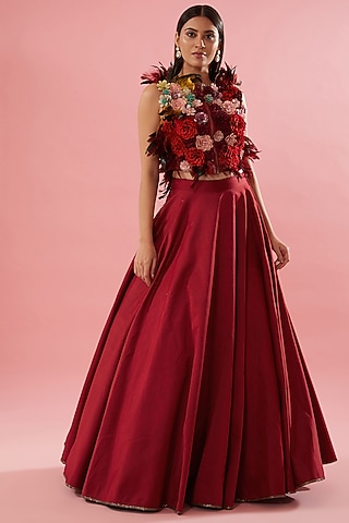 Red Chanderi Circular Skirt Set by Varun Bahl