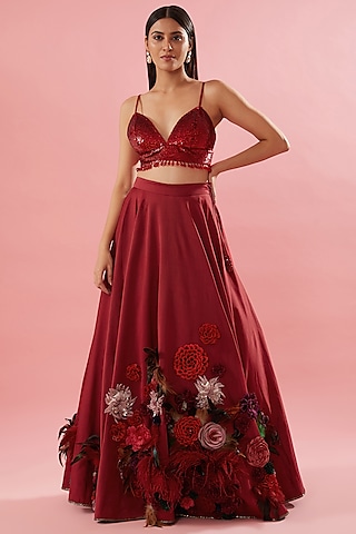 Red Chanderi Floral Embellished Circular Skirt Set by Varun Bahl