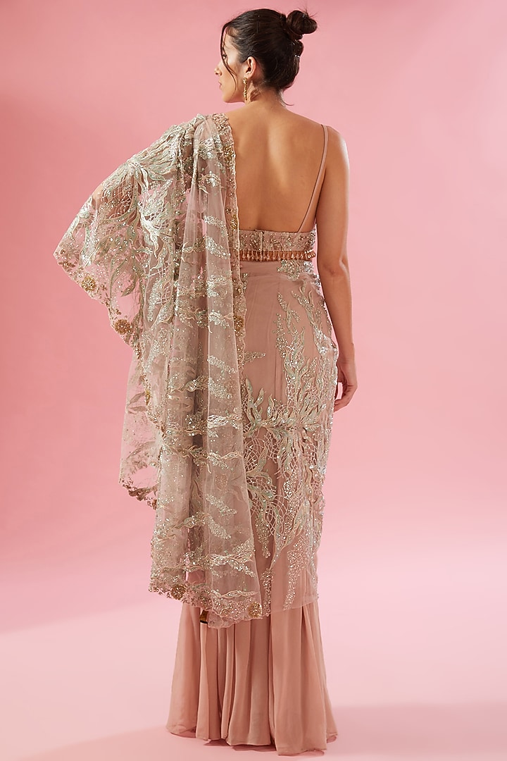 Pink Shimmer Georgette Embroidered Pre-Stitched Reception Saree Set by Varun Bahl at Pernia's Pop Up Shop