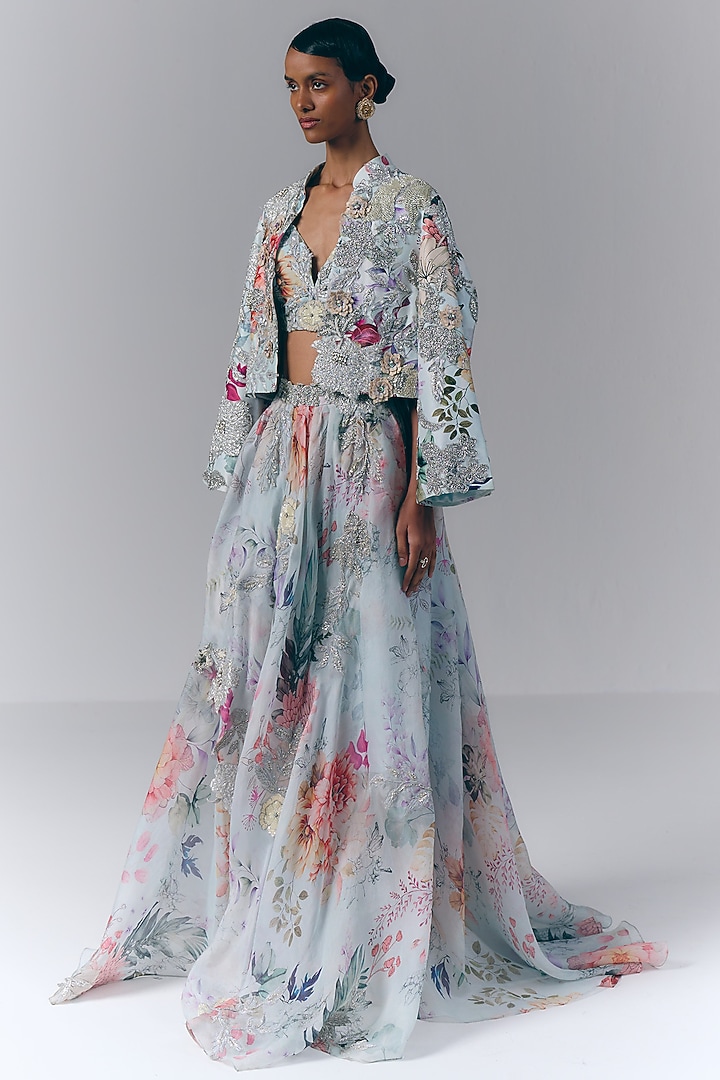 Ice Blue Georgette Floral Printed Skirt Set by Varun Bahl at Pernia's Pop Up Shop