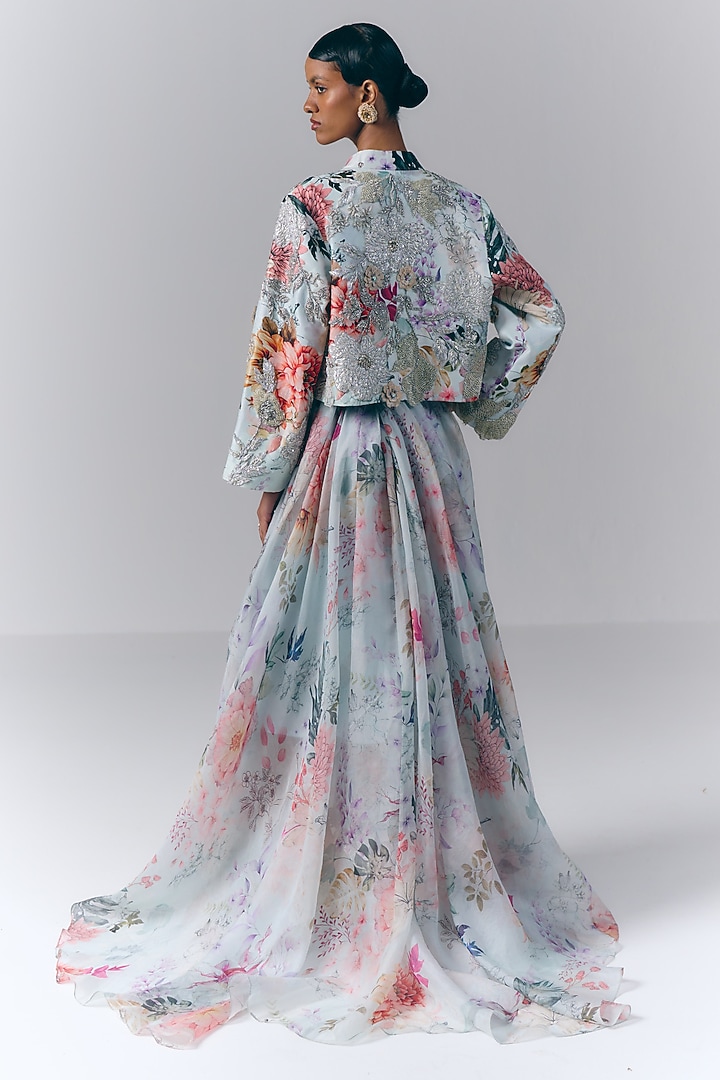 Ice Blue Georgette Floral Printed Skirt Set by Varun Bahl at Pernia's Pop Up Shop