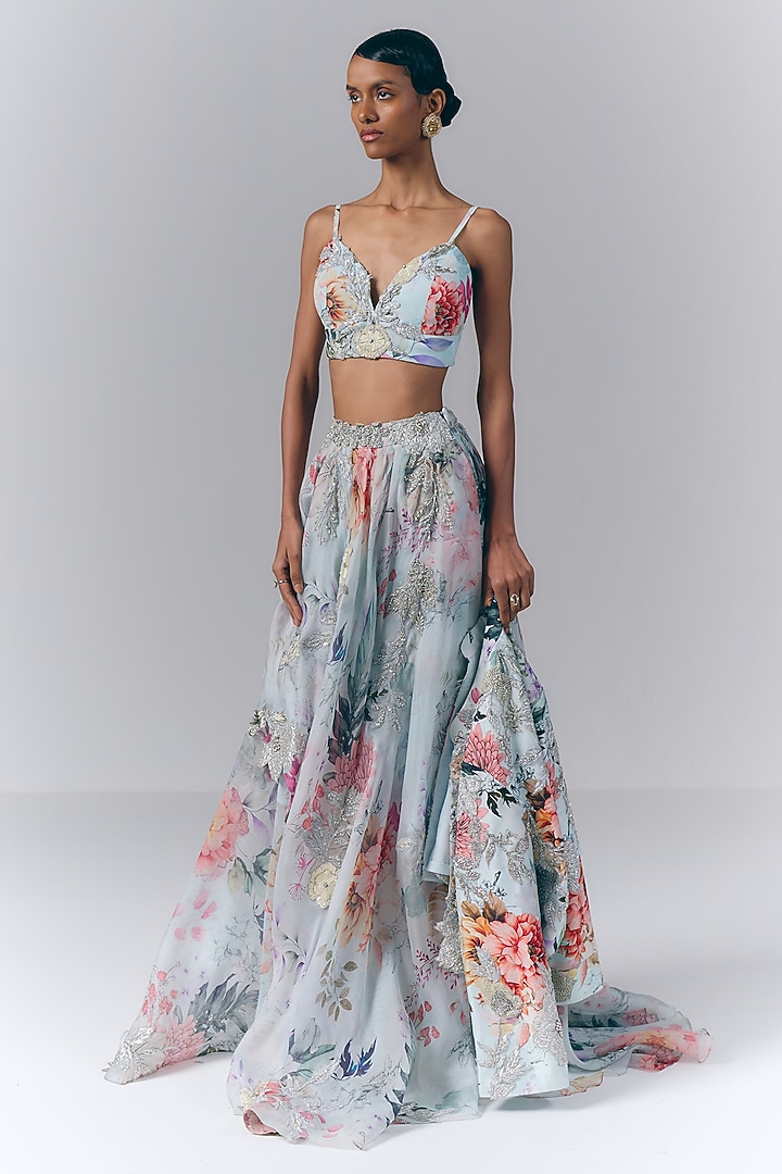 Ice Blue Georgette Floral Printed Skirt Set by Varun Bahl at Pernia's Pop Up Shop