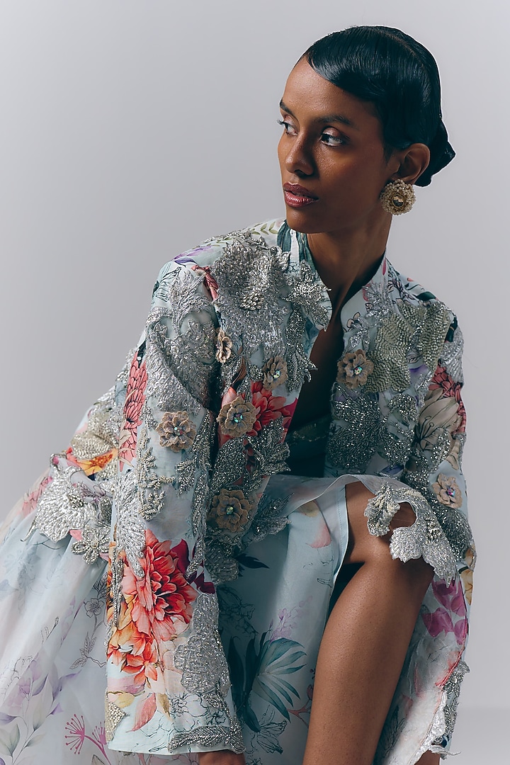 Ice Blue Georgette Floral Printed Skirt Set by Varun Bahl at Pernia's Pop Up Shop