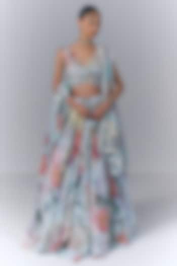 Ice Blue Georgette Floral Printed & Hand Embroidered Bridal Lehenga Set by Varun Bahl at Pernia's Pop Up Shop