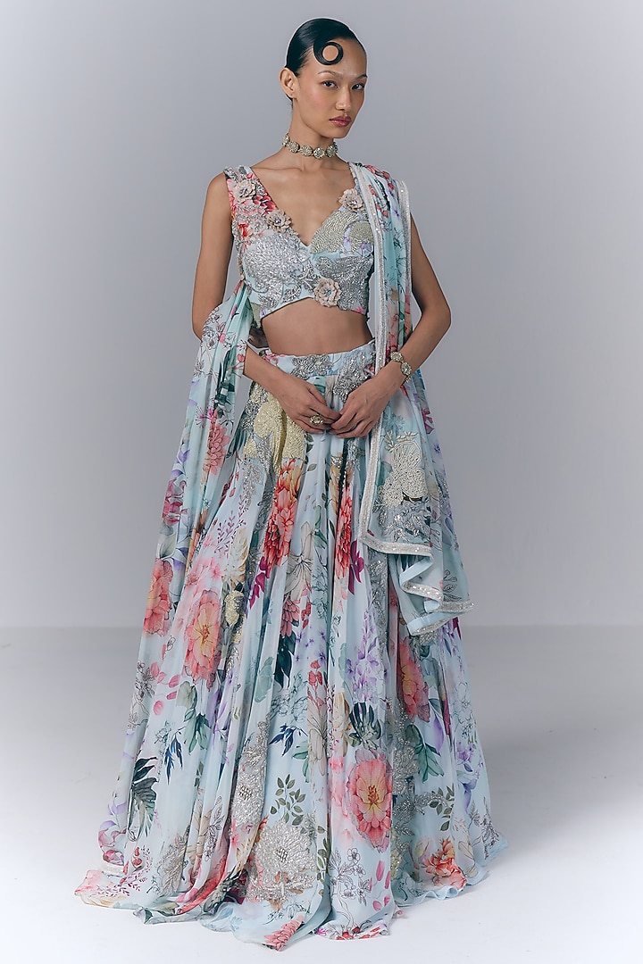 Ice Blue Georgette Floral Printed & Hand Embroidered Bridal Lehenga Set by Varun Bahl at Pernia's Pop Up Shop