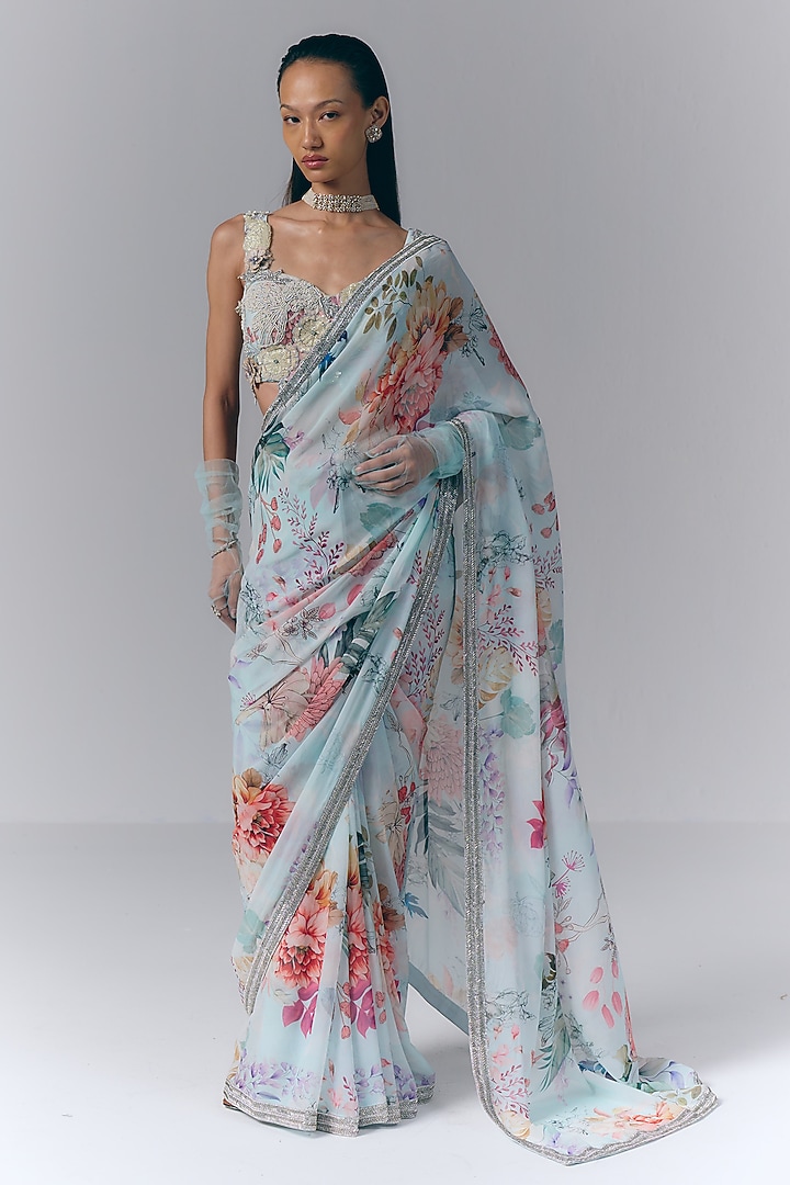 Ice Blue Georgette Floral Printed Reception Saree Set by Varun Bahl at Pernia's Pop Up Shop