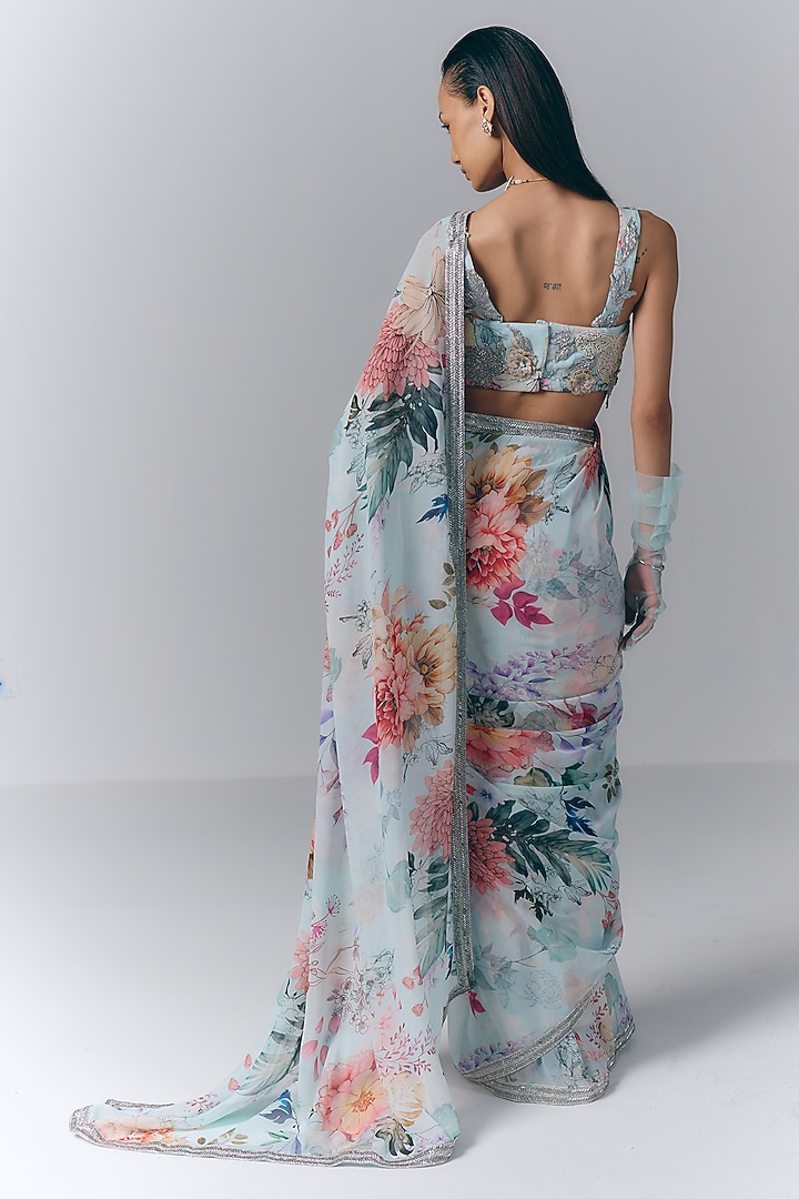 Ice Blue Georgette Floral Printed Reception Saree Set by Varun Bahl at Pernia's Pop Up Shop
