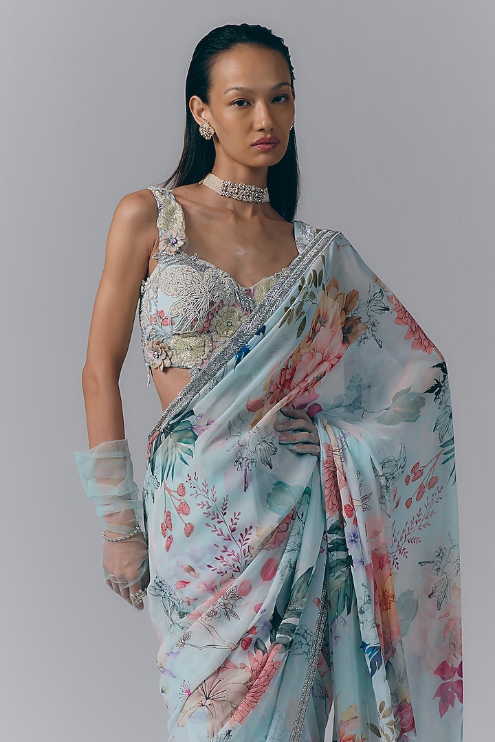 Ice Blue Georgette Floral Printed Reception Saree Set by Varun Bahl at Pernia's Pop Up Shop