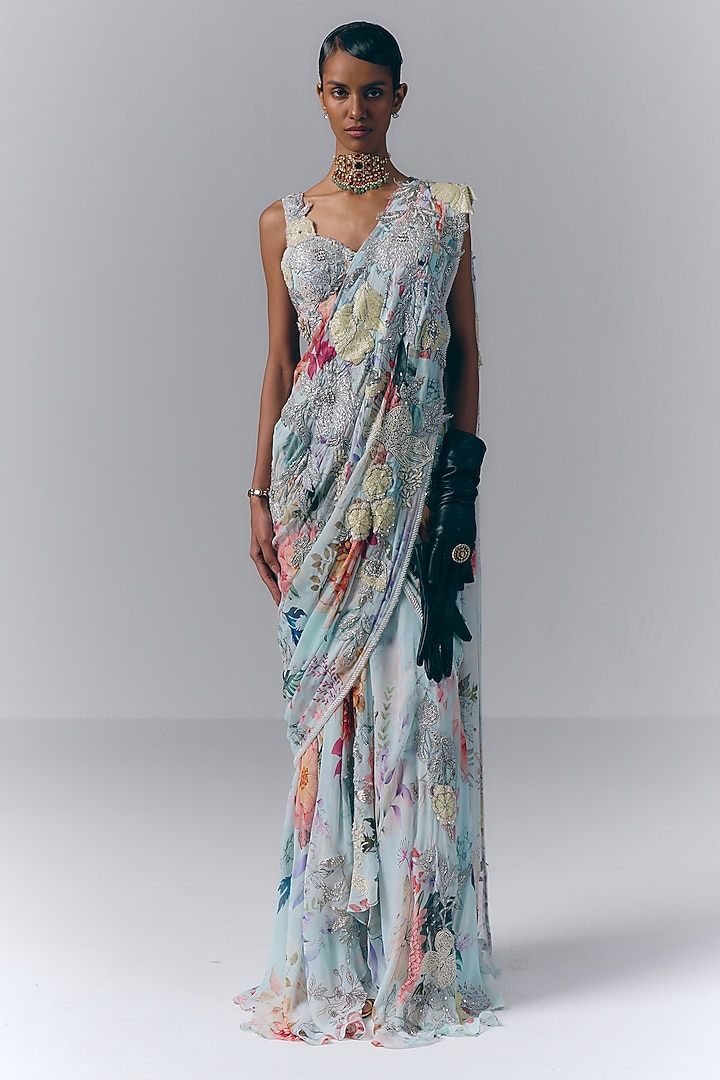 Ice Blue Georgette Floral Printed Draped Bridal Saree Set by Varun Bahl at Pernia's Pop Up Shop