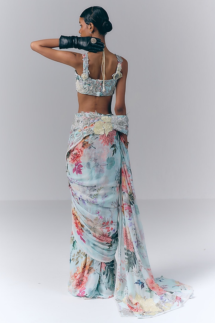 Ice Blue Georgette Floral Printed Draped Bridal Saree Set by Varun Bahl at Pernia's Pop Up Shop