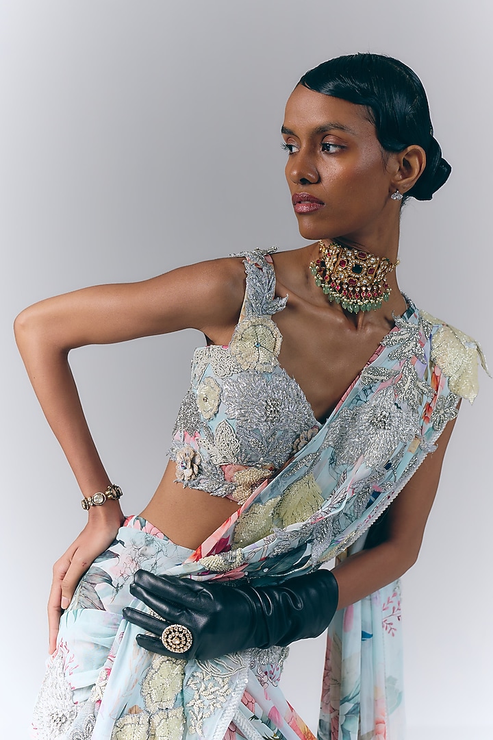 Ice Blue Georgette Floral Printed Draped Bridal Saree Set by Varun Bahl at Pernia's Pop Up Shop