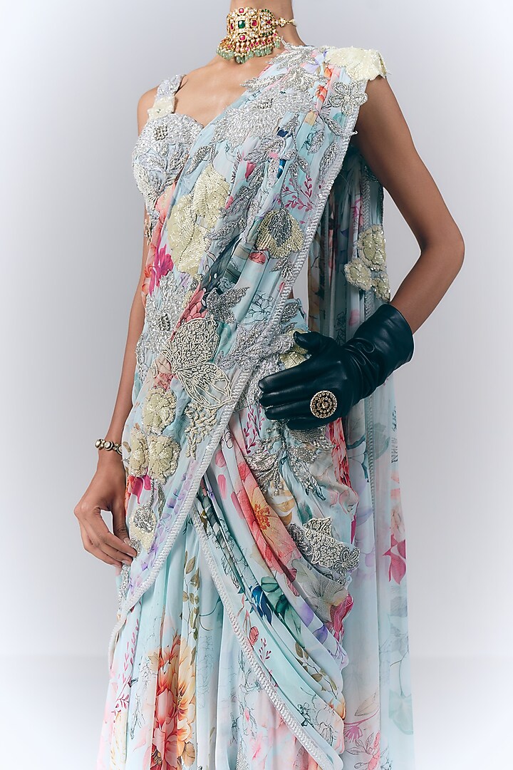 Ice Blue Georgette Floral Printed Draped Bridal Saree Set by Varun Bahl at Pernia's Pop Up Shop