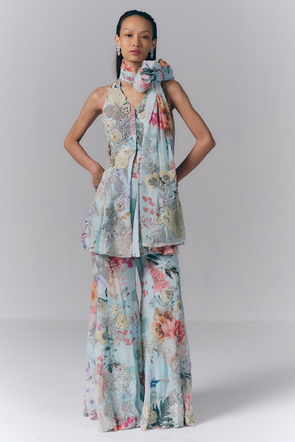 Varun Bahl Ice Blue Georgette Printed & Hand Embroidered Sharara Set