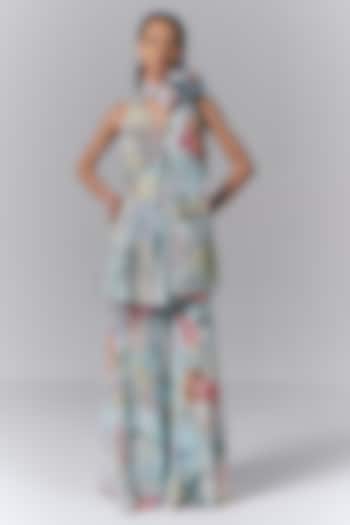 Ice Blue Georgette Printed & Hand Embroidered Bridal Sharara Set by Varun Bahl at Pernia's Pop Up Shop