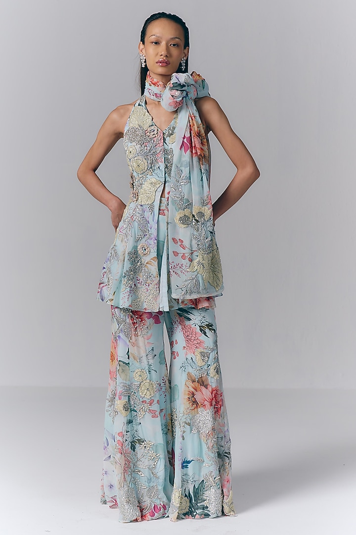 Ice Blue Georgette Printed & Hand Embroidered Bridal Sharara Set by Varun Bahl at Pernia's Pop Up Shop