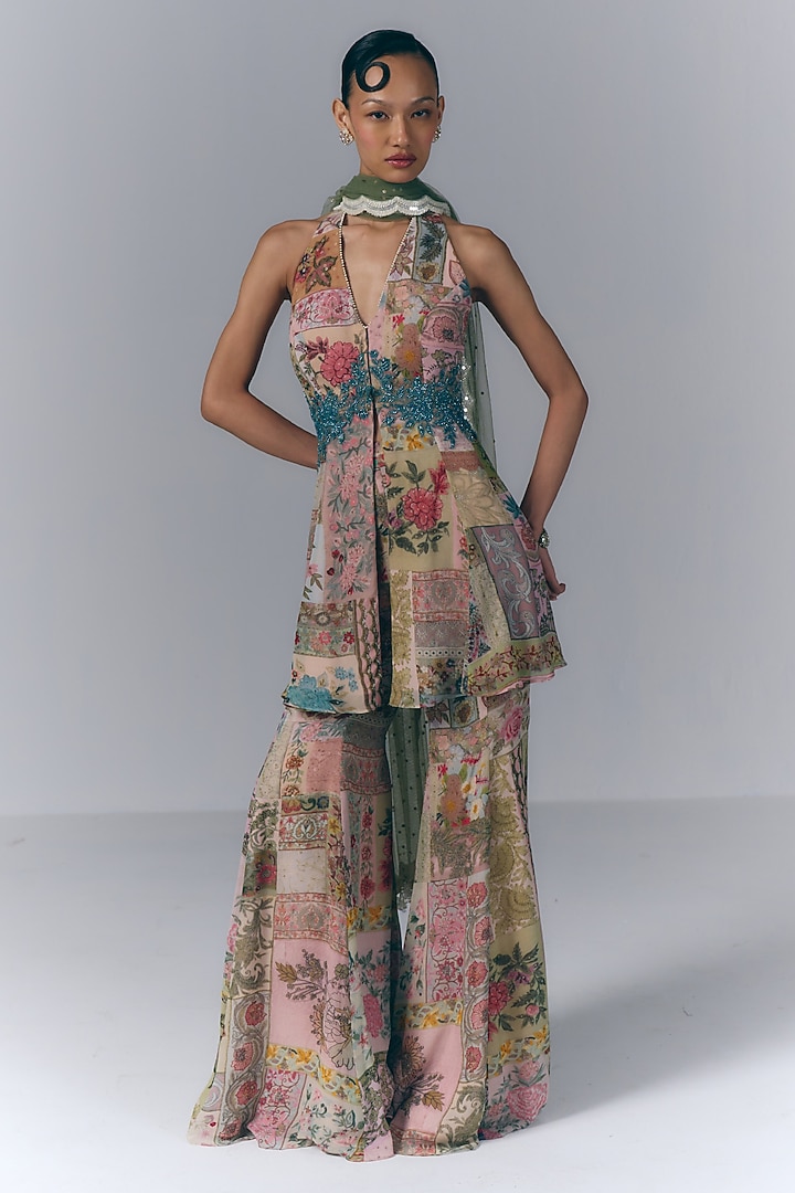 Multi-Colored Floral Printed & Hand Embroidered Bridal Sharara Set by Varun Bahl at Pernia's Pop Up Shop