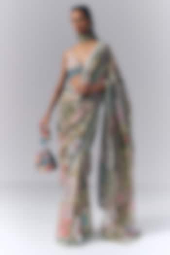 Multi-Colored Georgette Floral Printed & Hand Embroidered Reception Saree Set by Varun Bahl at Pernia's Pop Up Shop