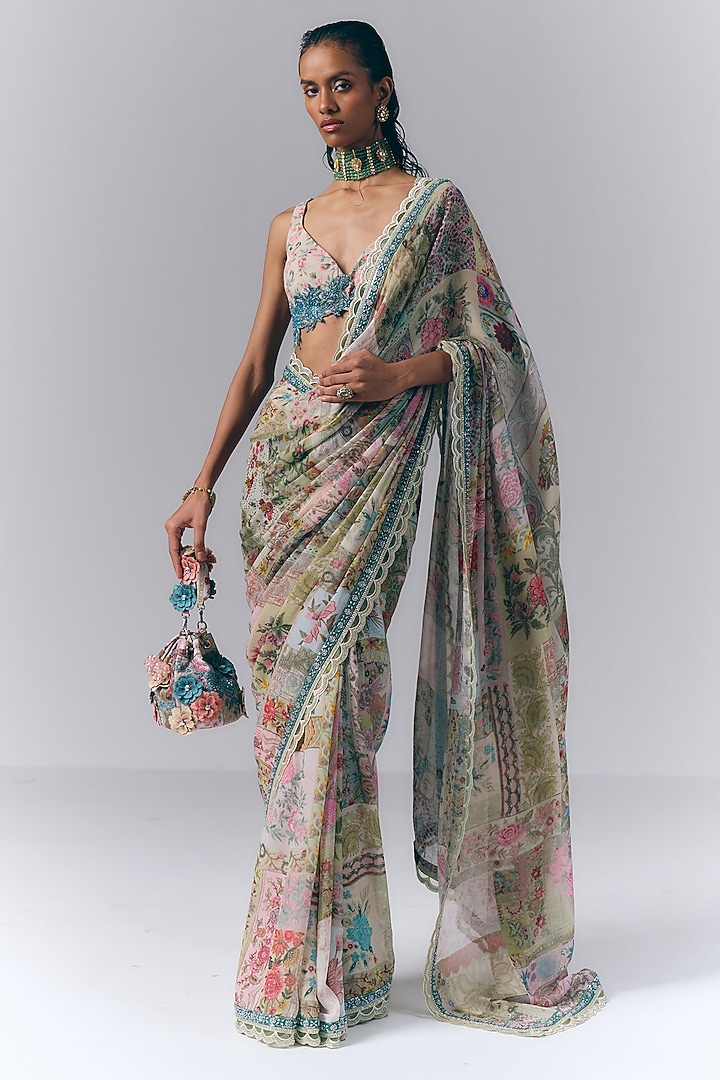 Multi-Colored Georgette Floral Printed & Hand Embroidered Reception Saree Set by Varun Bahl at Pernia's Pop Up Shop