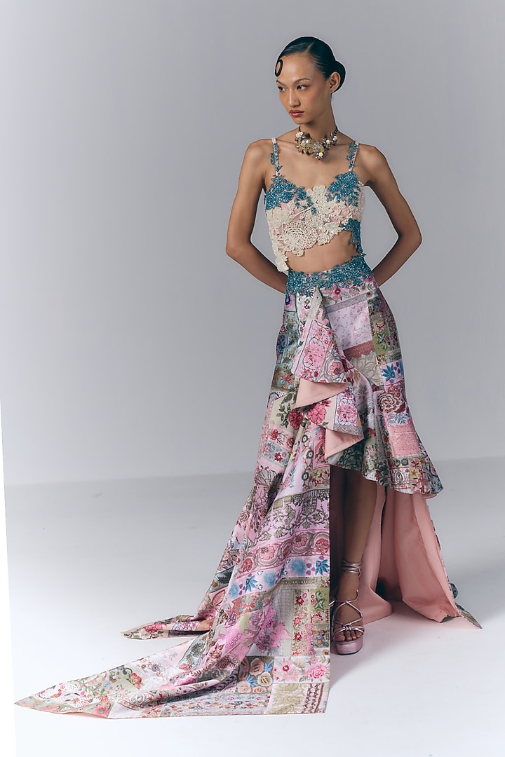 Multi-Colored Poly Dupion Floral Printed Draped Skirt Set by Varun Bahl at Pernia's Pop Up Shop