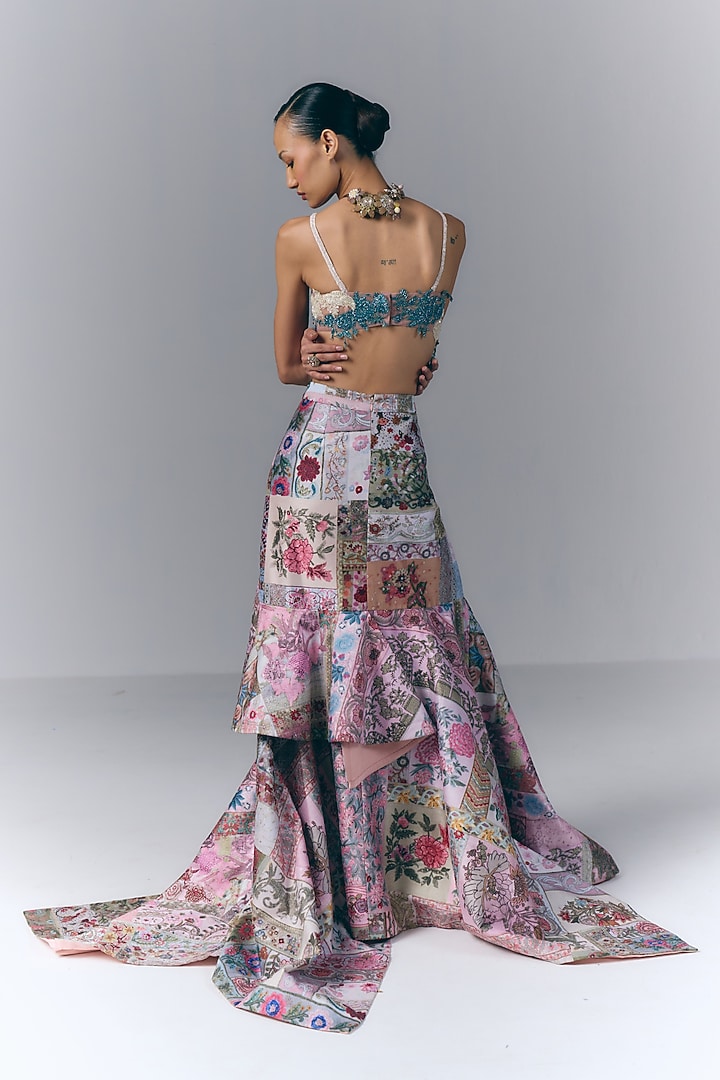 Multi-Colored Poly Dupion Floral Printed Draped Skirt Set by Varun Bahl at Pernia's Pop Up Shop