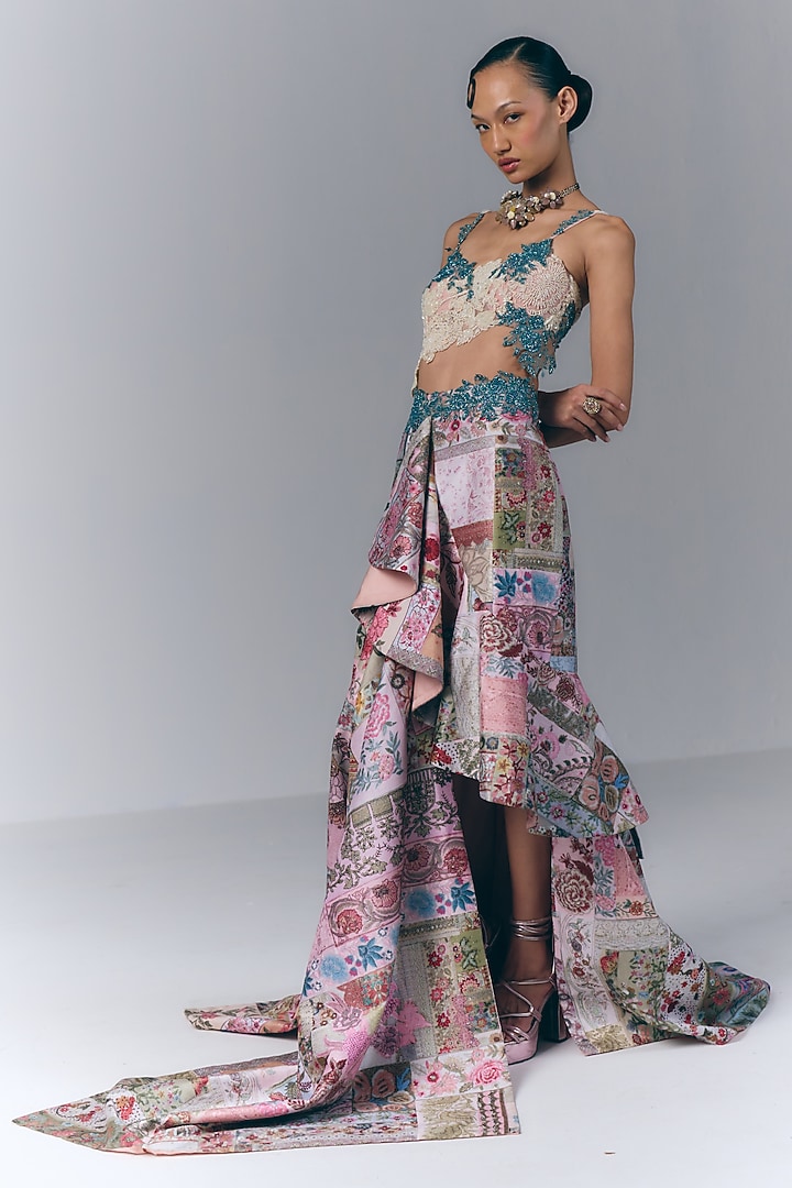 Multi-Colored Poly Dupion Floral Printed Draped Skirt Set by Varun Bahl at Pernia's Pop Up Shop