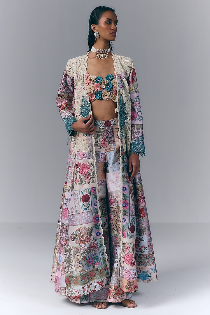 Multi-Colored Georgette Floral Printed & Beads Embellished Jacket Set by Varun Bahl at Pernia's Pop Up Shop