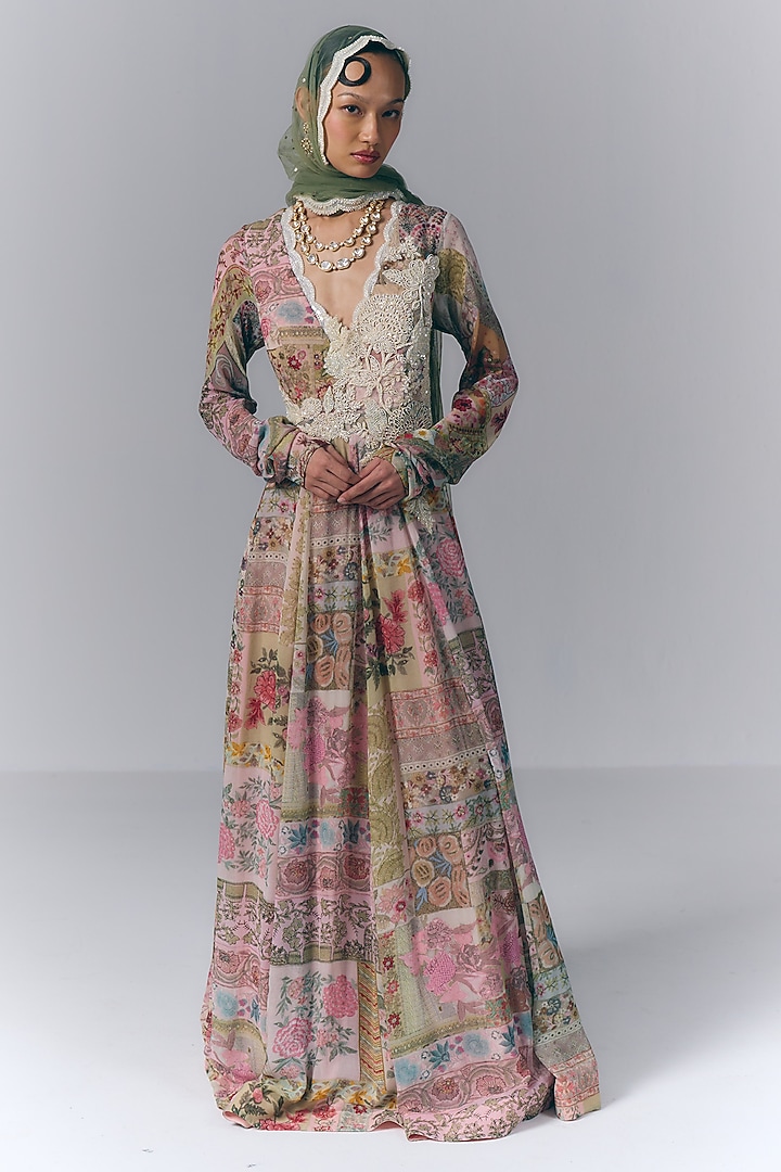 Multi-Colored Georgette Printed & Hand Embroidered Bridal Anarkali With Dupatta by Varun Bahl at Pernia's Pop Up Shop