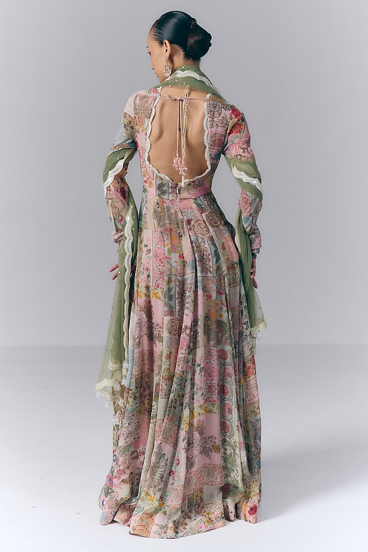 Multi-Colored Georgette Printed & Hand Embroidered Bridal Anarkali With Dupatta by Varun Bahl at Pernia's Pop Up Shop