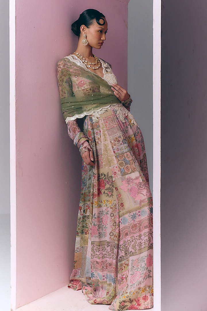 Multi-Colored Georgette Printed & Hand Embroidered Bridal Anarkali With Dupatta by Varun Bahl at Pernia's Pop Up Shop