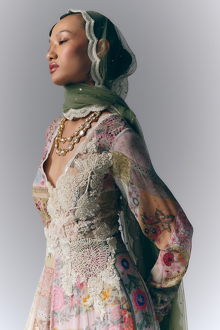 Multi-Colored Georgette Printed & Hand Embroidered Bridal Anarkali With Dupatta by Varun Bahl at Pernia's Pop Up Shop